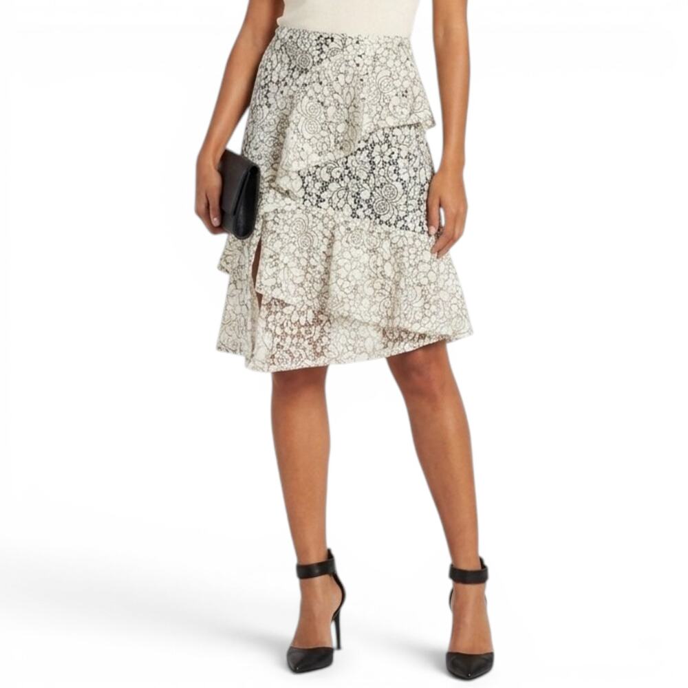 NWT Nanette Lepore Lace Overlay  Front Slit Asymmetrical Ruffle Hem Midi Skirt